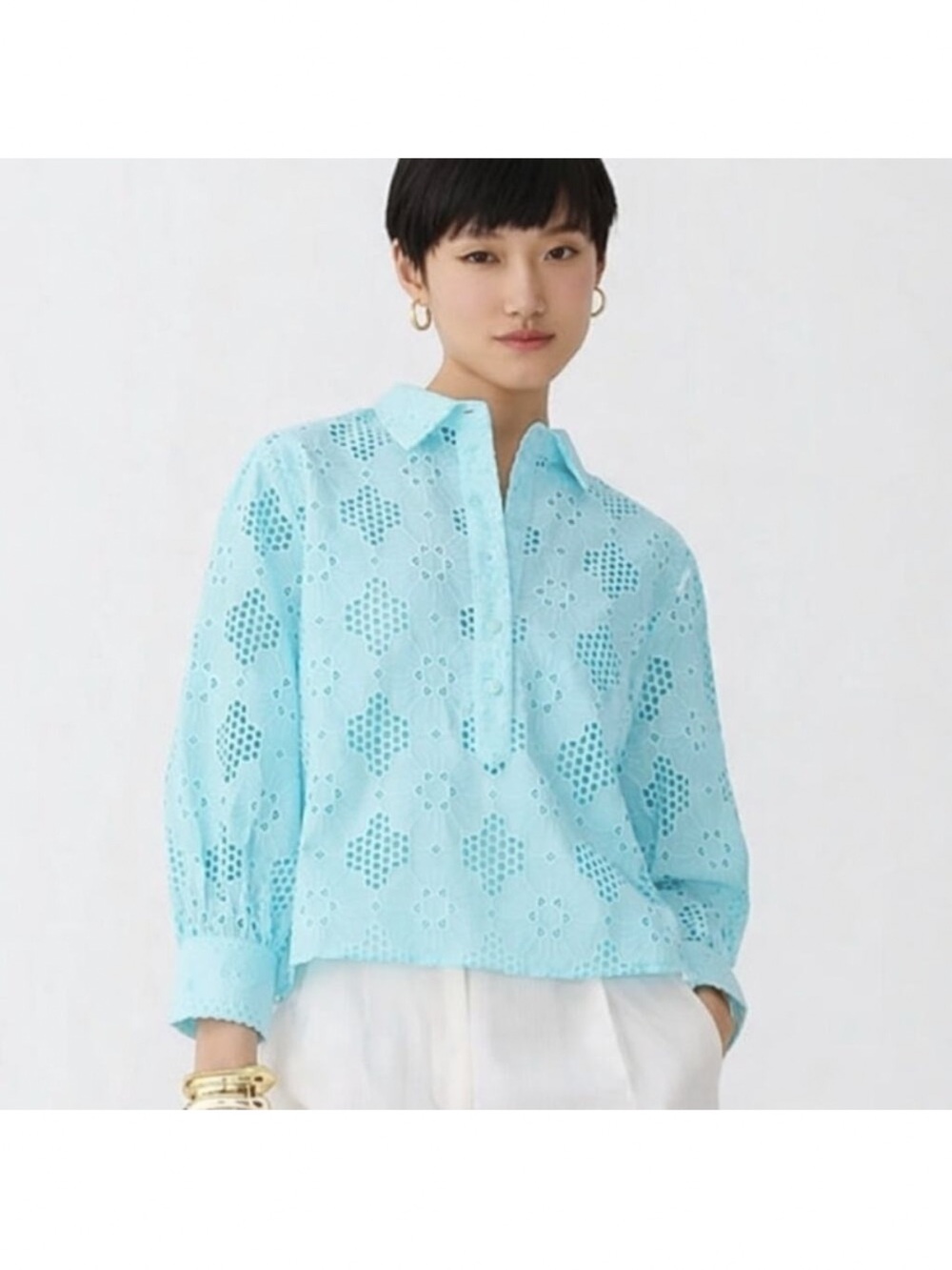 J.Crew Long Sleeve Eyelet Popover Top Button Front